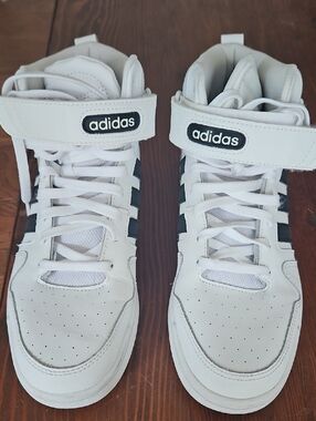 adidas Kids White High-Top Sneakers with Black Stripes and Strap